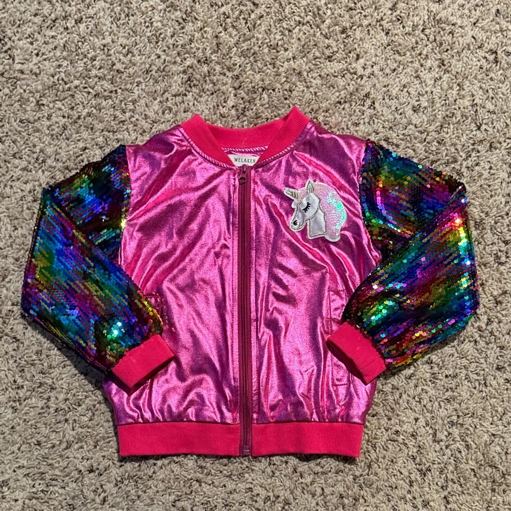 Girls size 120 (5T) lightweight metallic pink w/ sequins sleeves & unicorns coat